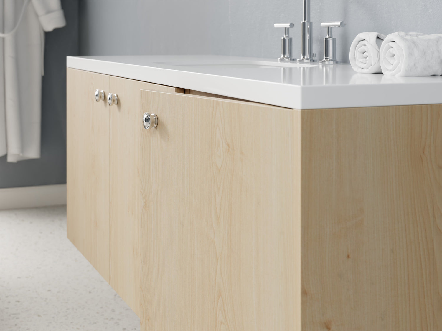 Image of 2-door with 4-drawers floating bathroom vanity in white oak finish - front view.