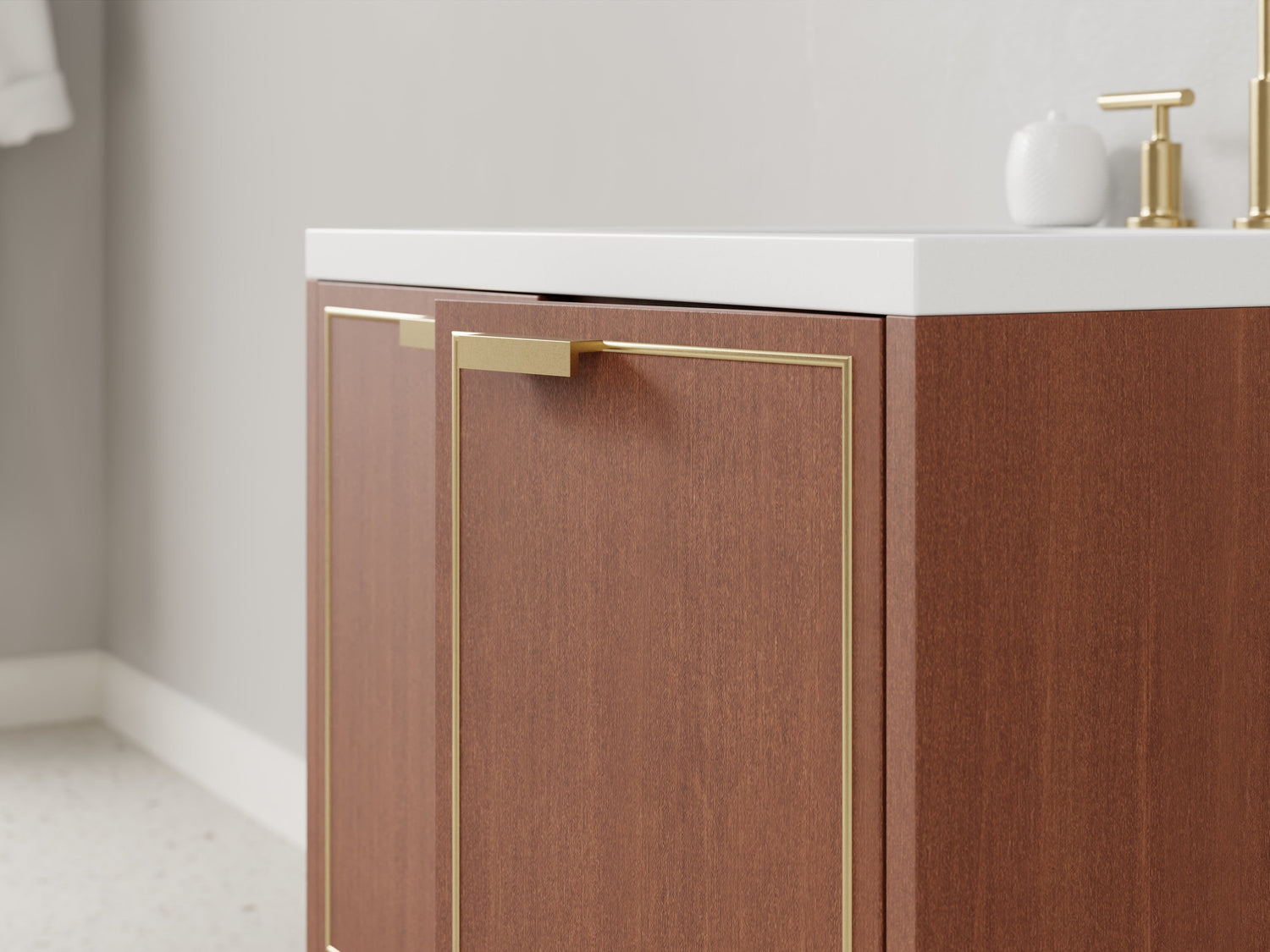 Image of 2-door with 4-drawers floating bathroom vanity in walnut finish and brass inlay style - front view.